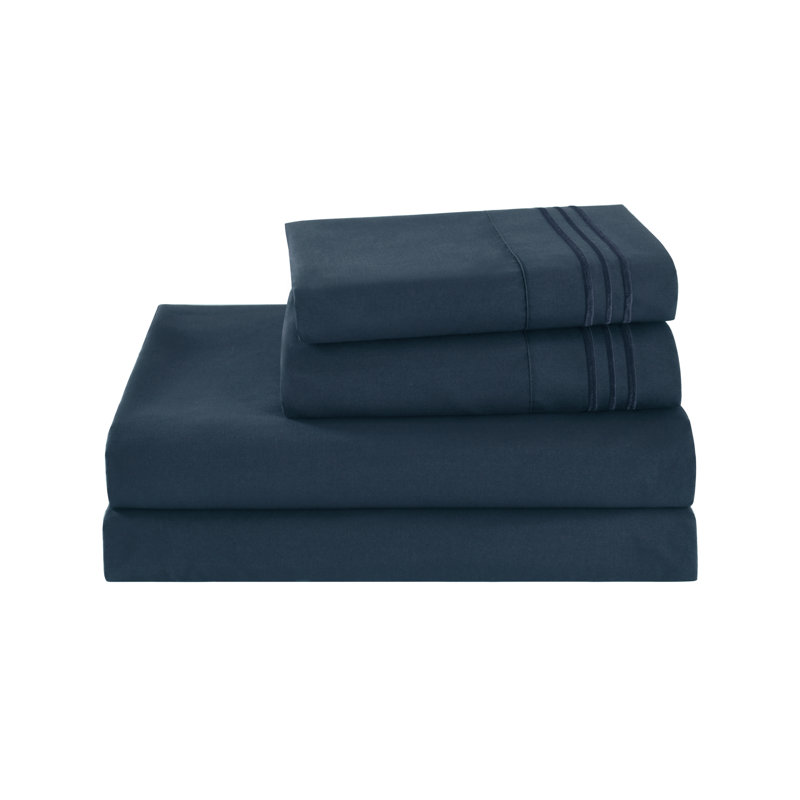 3/4 Pcs Soft Solid & Embroidery Bed Sheets Set, Queen, Navy