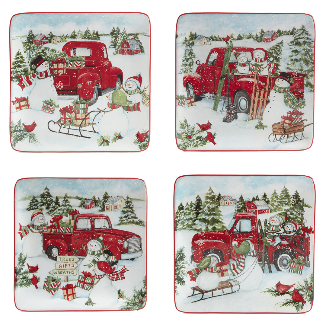Red Truck Snowman Set Of 4 Dessert Plates Certified International