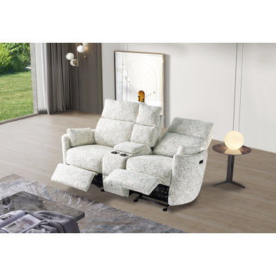 Elegant Upholstered Tweed Fabric Dual Power Recliner Loveseat Sofa With Cup Holder & Storage Console by Latitude Run