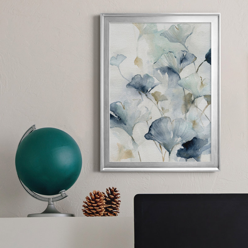 Indigo Ginkgo II - peinture sur toile encadrée, H 18,5 po x l 24,5 po x P 1,5 po, Argent