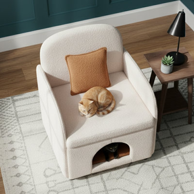 Chaise d'appoint en sherpa crème - Pieds en bois massif - Tissu facile à nettoyer et adapté aux animaux de compagnie - Salon / chambre à coucher