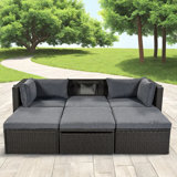 4 Pieces Outdoor Wicker Sectional Sofa With A 3-seat Sofa, 2 Ottomans, A Lifting Table, Retractable Canopy, Washable Cushions, Adjustable Backrest