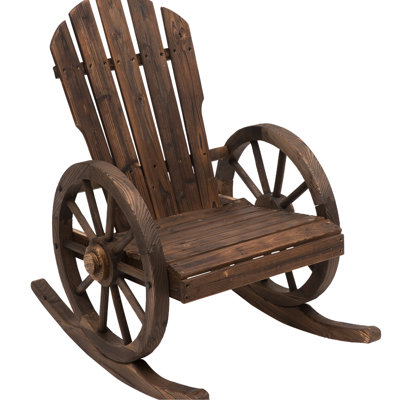 Outdoor Rocking Chair - Wooden With Slatted Back And Wagon Wheel Armrest, Ideal For Living Areas Porch, Poolside, Garden, 27.07"w X 33.87"d 36.25"h, 250 Lb Weight Capacity Comfortable Support
