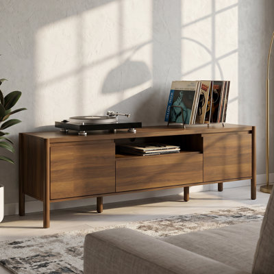 Armoire audio horizontale de 70,9 po de largeur Aldusa - 3 compartiments de rangement + tablette ouverte, pieds en bois d'hévéa