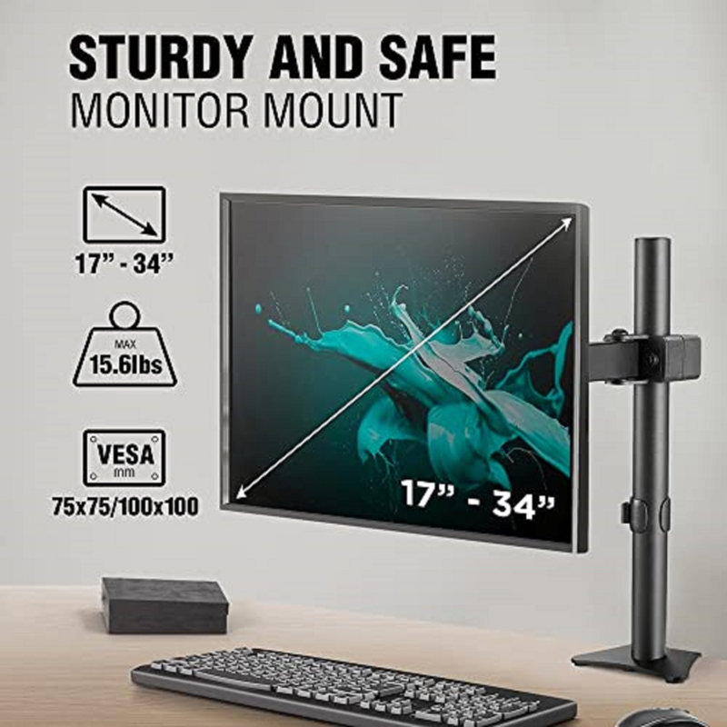 Support de bureau pour écran ELG, bras articulé, hauteur réglable, compatible avec les écrans de 17 à 34 pouces (jusqu'à 7 kg), rotation à 360°, acier robuste avec revêtement époxy, compatible VESA 75x75 à 100x100 mm, gestion des câbles, noir