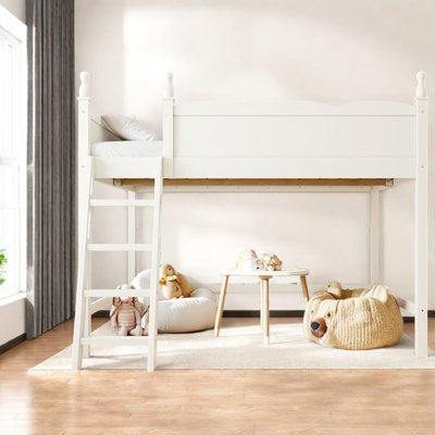Lit mezzanine double peu encombrant, rangement moderne en bois aggloméré beige pour chambre d'enfant