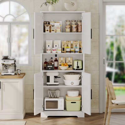 Grand garde-manger autoportant moderne pour le salon - armoire de rangement de 70 po avec portes, tiroirs et tablettes réglables - Organisateur de maison polyvalent - Blanc - Avec 1 fente blanche