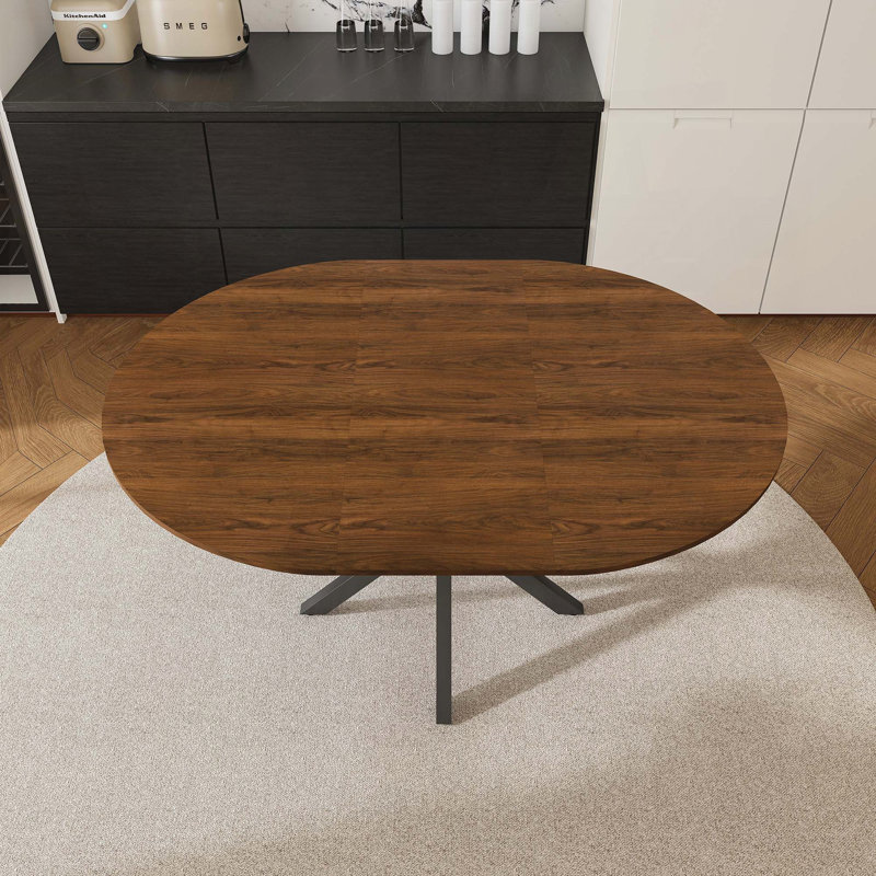 Table de salle à manger rétractable extensible ronde avec base en acier au carbone - Placage de bois massif, 42 po à 58 po