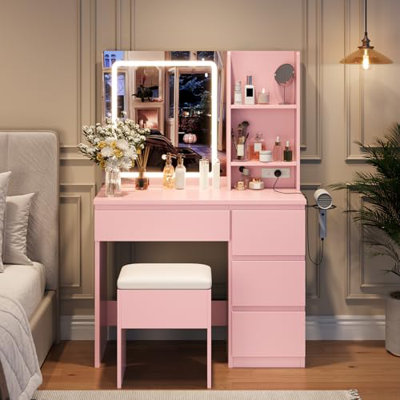 Bureau de coiffeuse avec miroir et lumières - Coiffeuse à maquillage moderne avec prises, tabouret de rangement, 4 tiroirs et support pour sèche-cheveux