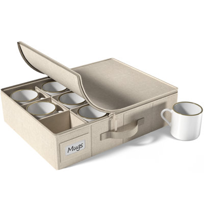 Sorbus Coffee Mug and Glass Organiser - Storage Mug Boxes for Shipping - Coffee Mug Organizer Mug Display Storage Case - Protective Hard Shell with Label Windows, Handles, & Dividers (Fits 12 Mugs, Beige)
