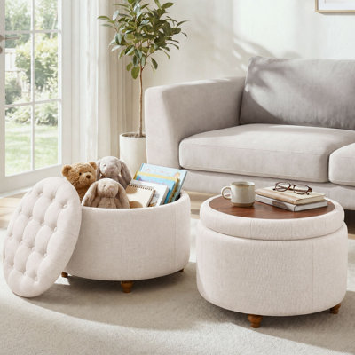 Upholstered Round Storage Ottoman with Tufted Cushion