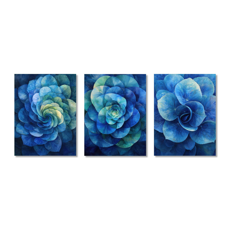 Hortensia bleu et vert vortex I - jardin, impression murale 3 pièces, 32" H x 72" W