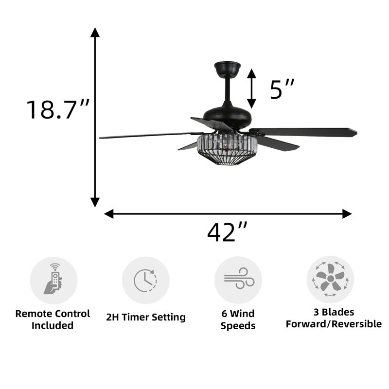 42'' Modern Black Crystal Ceiling Fan with 3 Lights, 5 Wood Blades, DC Motor, Dual Downrods for Living Room, Dining Room or Open-Concept Spaces