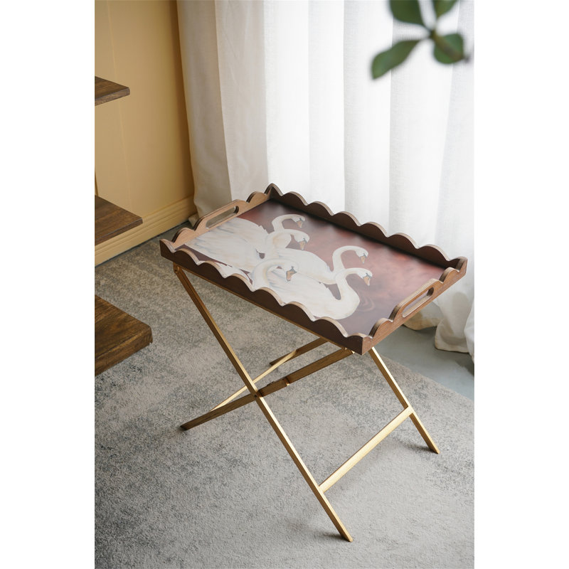 Table-plateau 23,5 po x 15,5 po x 24 po en MDF brun avec motif de cygne blanc et base en fer (table basse incluse)