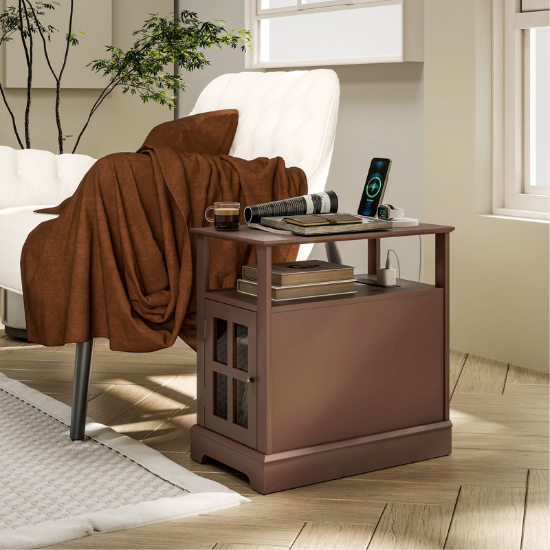 End Table With Charging Station, Narrow Side Table With USB Ports And Outlets, Small Table With Hidden Storage And Open Shelf For Living Room