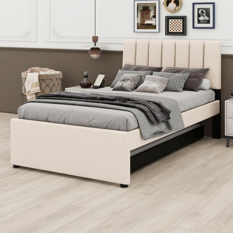 Lit plateforme tapissier avec lit gigogne, Beige