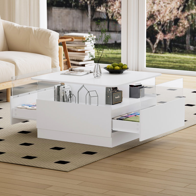 Pedestal Coffee Table with Storage, White
