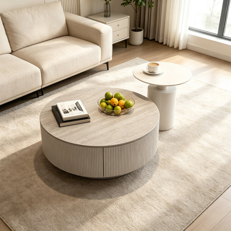 Table basse de salon avec tiroirs de rangement cachés, 12.99" H x 31.49" W x 31.49" D, Beige