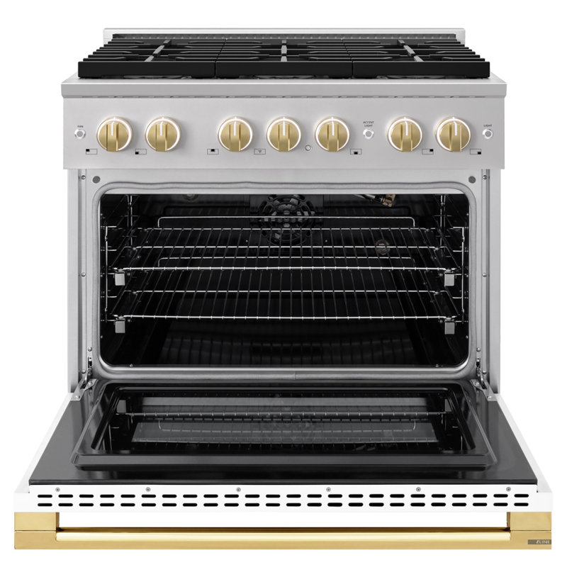 ZLINE Autograph 36 in. Black Stainless Marino Gas Range with 6 DuoPro Burners w/ Bronze Accents, White Matte, Polished Gold