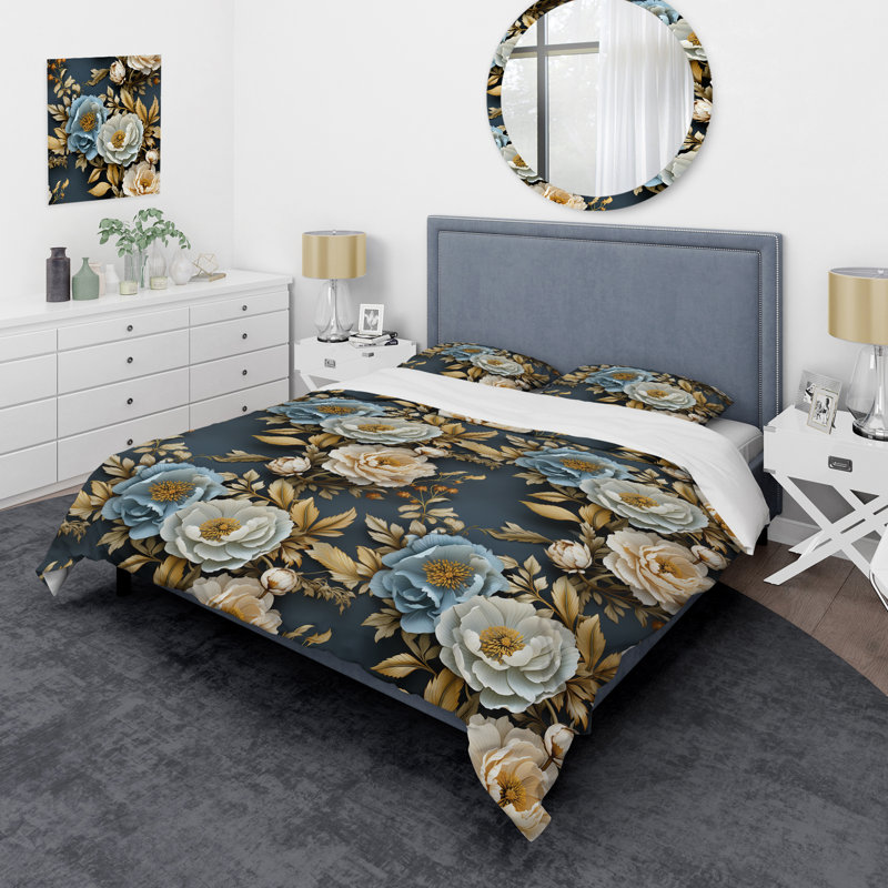 Literie Blue Timeless Floral Elegance Wonderland, Housse de couette pour grand lit et 2 taies décor