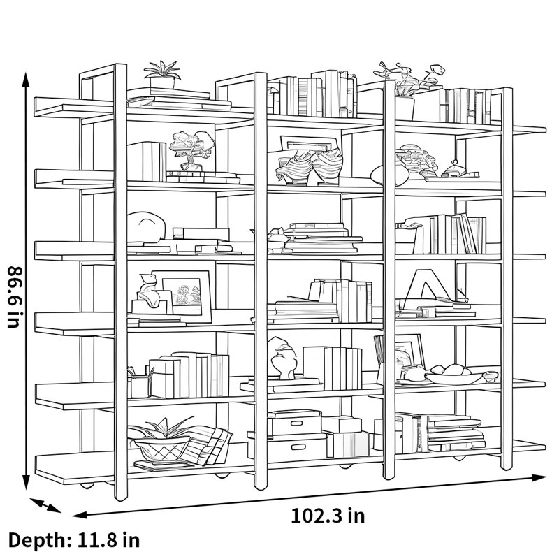 A versatile and fashionable bookcase, (6 Shelves) 86.6"H x 102.3"W x 11.8"D