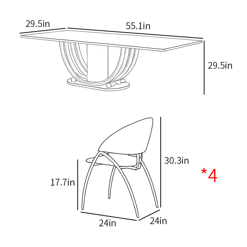 Ensemble de table de salle à manger moderne en pierre frittée, H 29,5 po x L 55,1 po x l 29,5 po 