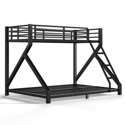 Twin XL over Queen Bunk Bed with ladders, Metal Bunk Bed with Full Upgraded Support Slats, Low Profile Bunk Bed, Black
