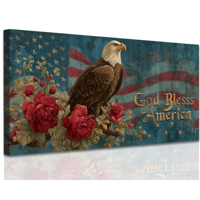  Patriotic Eagle Wall Art Prints, Vintage American Flag Canvas Decor Rustic Farmhouse Floral Painting, Americana Pictures Artwork for Living Room Bedroom 4th of July Home Decoration, 28x58 inches