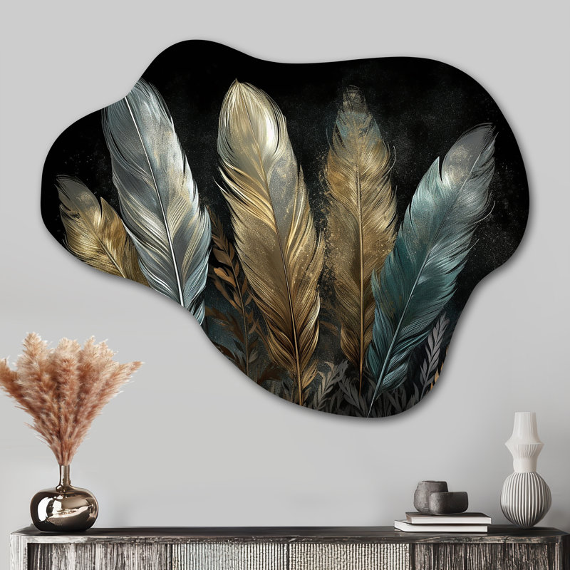 Gold Gilded Feathers II - Unique Shape Glam Feather Metal Wall Art, Freeform Metal Wall Sculpture Print, 27" H x 35" W x 1" D