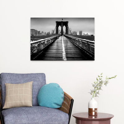 Brouillard sur le pont de Brooklyn, Brooklyn, Manhattan, New York, État de New York, États-Unis, architecture contemporaine abstraite, art urbain