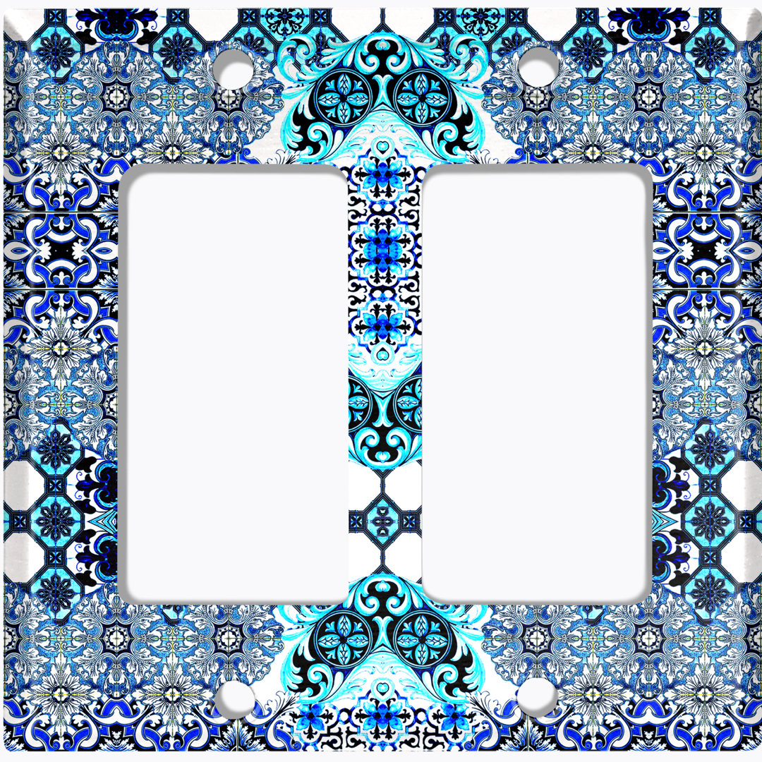 Elegant Blue Teal Tile White Patterned 2 - Gang Rocker Standard Wall Plate WorldAcc