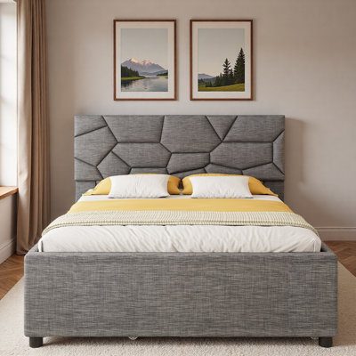 Upholstered Platform Bed With Brick Pattern Headboard And Trundle