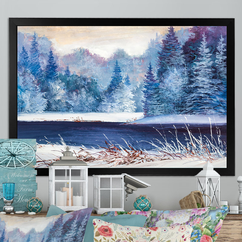 Forêt de Noël avec rivière - Peinture sur toile, Cadre noir, H 8 po x l 12 po x P 1 po