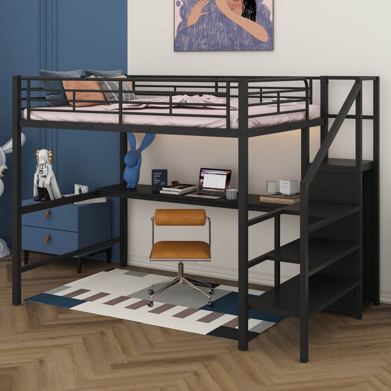 Full Size Loft Bed With Desk & Storage Stairs, Metal Loft Bed Frame With Wardrobe & LED Light, Safety Guard