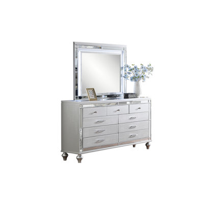 Glam Style 1pc Dresser Snake Skin Design Glass Panel Gourd Legs Silver Finish Bedroom Furniture