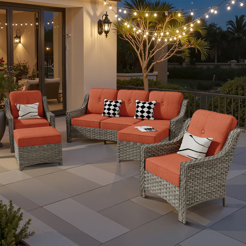 Harper Wicker 7 - Person Patio Conversation Set with Cushions, Bold Striped Orange Red