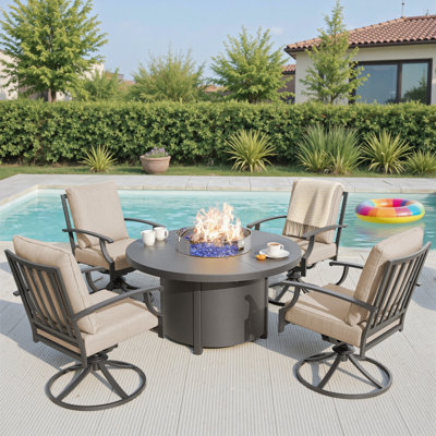 5-Piece Outdoor Round Fire Pit Table Set with 48" Aluminum Gas Fire Table (40,000 BTU) and 4 Swivel Glider Iron Chairs with High Backs