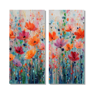 «Vibrant Meadows On Summer Daisies», art mural encadré marguerites, impression sur toile florale orange 2 pièces