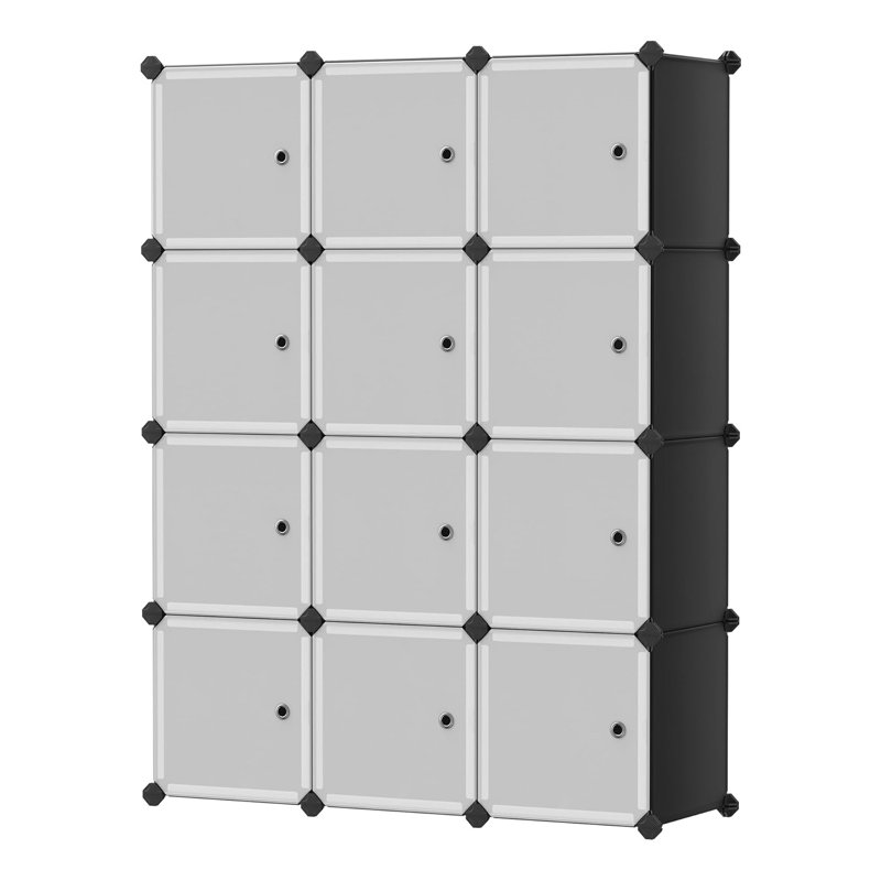 Armoire de rangement modulaire à 12 cubes - Organisateur en plastique et en métal robuste avec portes translucides, panneaux imperméables, assemblage facile pour la maison, le bureau, la chambre à coucher et le salon - couleur noire