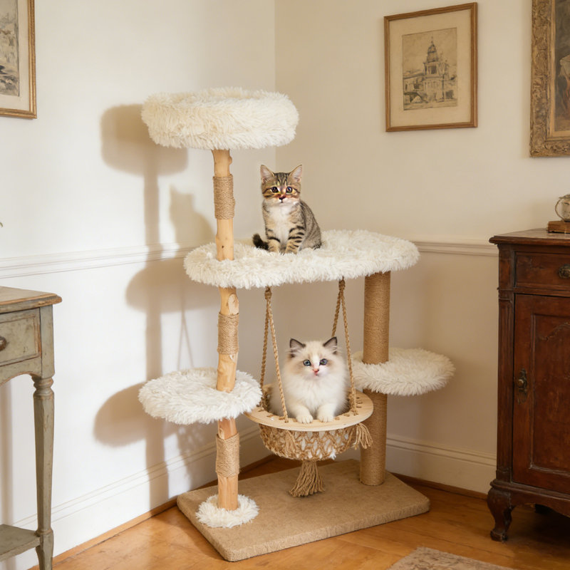 Natural Solid Wood Cat Tree For Indoor Cats With Sisal Scratching Posts, Multi-Level Platforms, Hanging Basket & Anti-Tipping Strap - Large Cat Climber For Multiple Cats, 54" Height