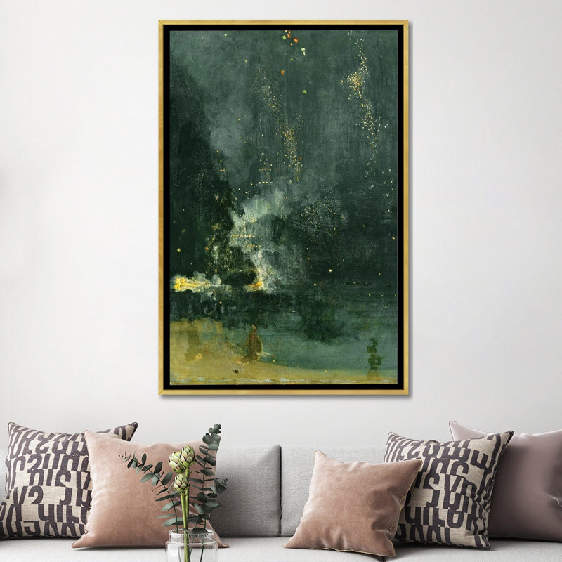 Nocturne en noir et or The Falling Rocket - reproduction d'art murale - toile encadrée, 60 po x 40 po, Toile avec cadre, Doré