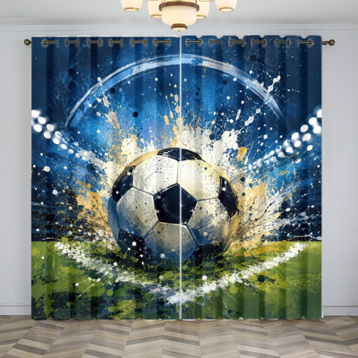 2 pièces de rideaux occultants à motif de ballon de soccer dynamique, rideaux de fenêtre de jeu de football artistique pour le salon, la chambre, la coupe du monde de football, thème sportif