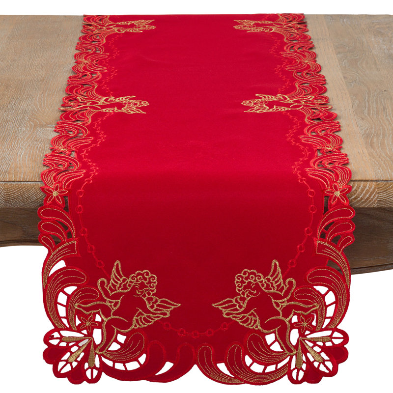 Embroidered Angel Cherub Holiday Table Runner, Red, 90" x 15"