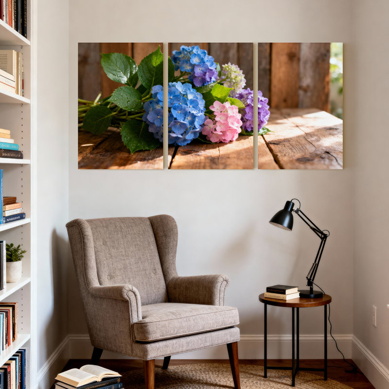 Fleurs d'hortensia, art mural sur toile tendue, ensemble floral (ensemble de 3), H 18 po x l 36 po