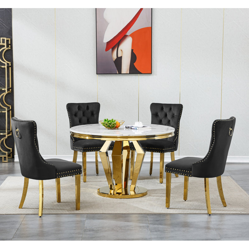 Round Dining Table Set, Faux Marble Dining Table & Velvet Chairs with Stainless Steel Pedestal, 44.88" Dining Room Table and Chairs Set, Luxury Circle Dining Table Set