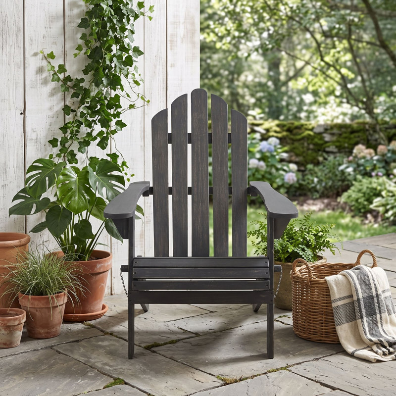 Chaise Adirondack pliable en bois d'acacia avec siège à lattes, accoudoirs droits et dossier incliné pour terrasse, DARK GREY