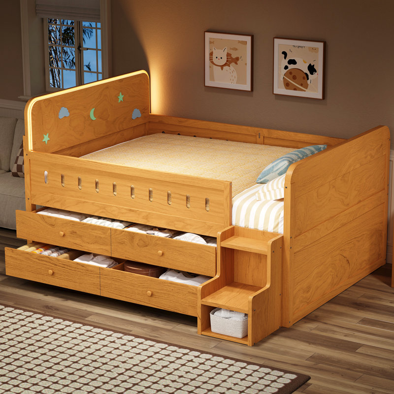 Lit double en bois avec lumière DEL, tiroirs de rangement et fabrication en bois durable pour une vie confortable et organisée