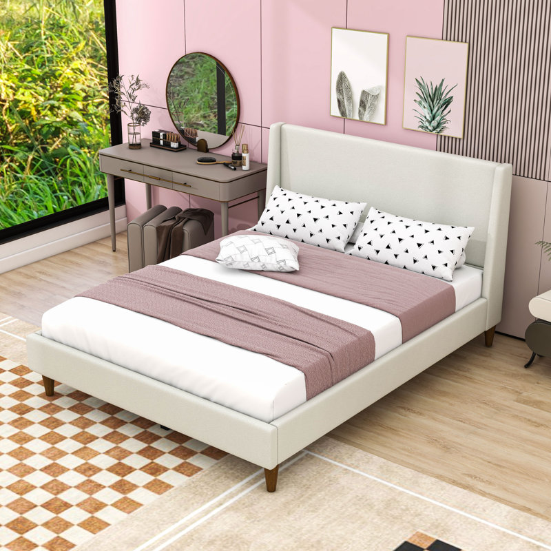 Upholstered Platform Bed Frame with Headboard, Queen