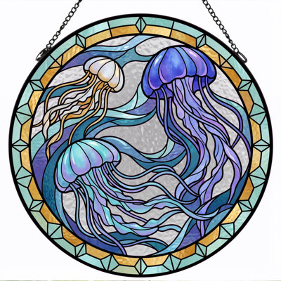 Jellyfish Stained Stained Glass Window Panel，7.8H