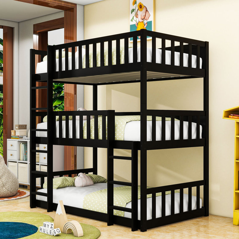 Twin Over Twin Over Twin Triple Wood Bunk Bed With Safety Fatures, Detachable Design, Black